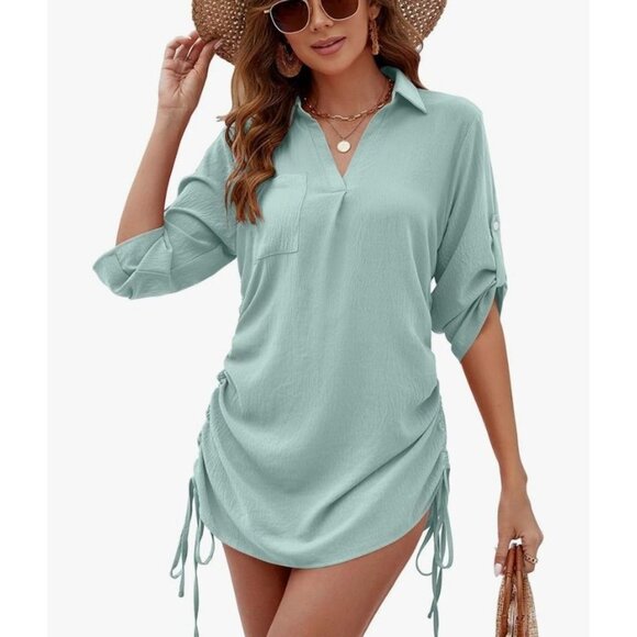 Bluetime Women's Bathing Suit Cover Up V Neck 3/4 Sleeve Casual 2XL Sage Green - Picture 1 of 13